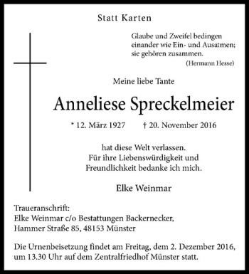 Anzeige von Anneliese Spreckelmeier von Westfälische Nachrichten