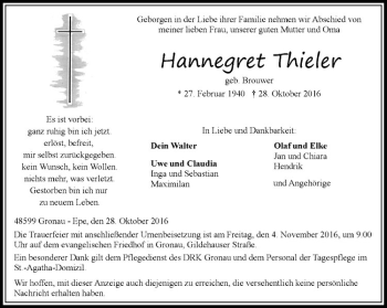Anzeige von Hannegret Thieler von Westfälische Nachrichten