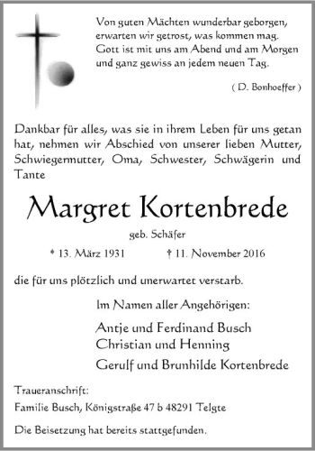 Anzeige von Margret Kortenbrede ge von Westfälische Nachrichten