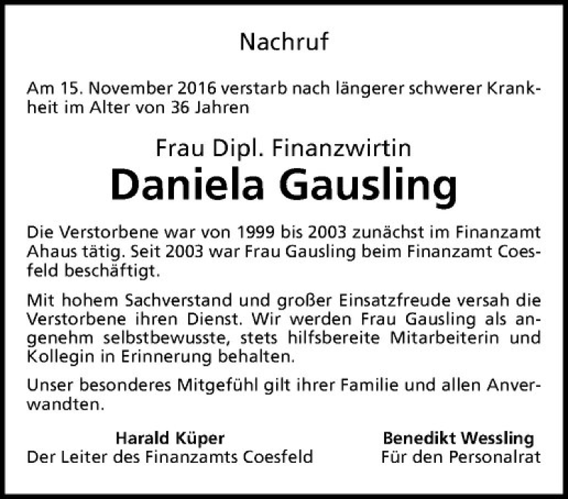  Traueranzeige für Daniela Gausling vom 23.11.2016 aus Westfälische Nachrichten
