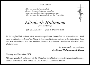 Anzeige von Elisabeth Holtmann von Westfälische Nachrichten