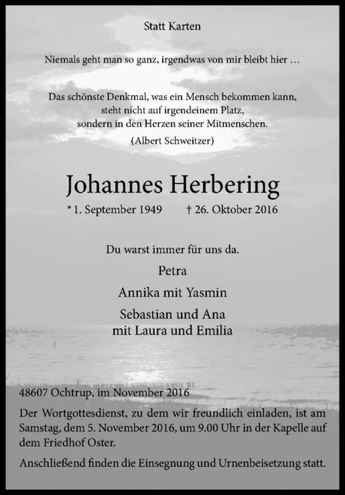  Traueranzeige für Johannes Herbering vom 01.11.2016 aus Westfälische Nachrichten