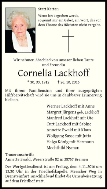 Anzeige von Cornelia Lackhoff von Westfälische Nachrichten