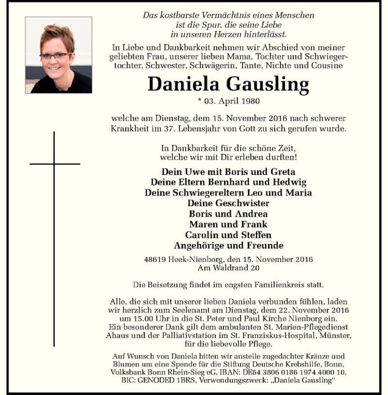  Traueranzeige für Daniela Gausling vom 19.11.2016 aus Westfälische Nachrichten