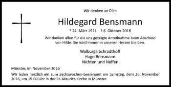 Anzeige von Hildegard Bensmann von Westfälische Nachrichten