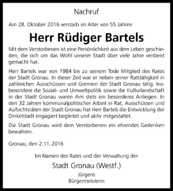 Anzeige von Rüdiger Bartels von Westfälische Nachrichten