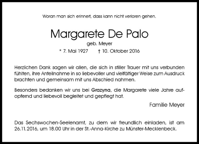  Traueranzeige für Margarete De Palo vom 19.11.2016 aus Westfälische Nachrichten