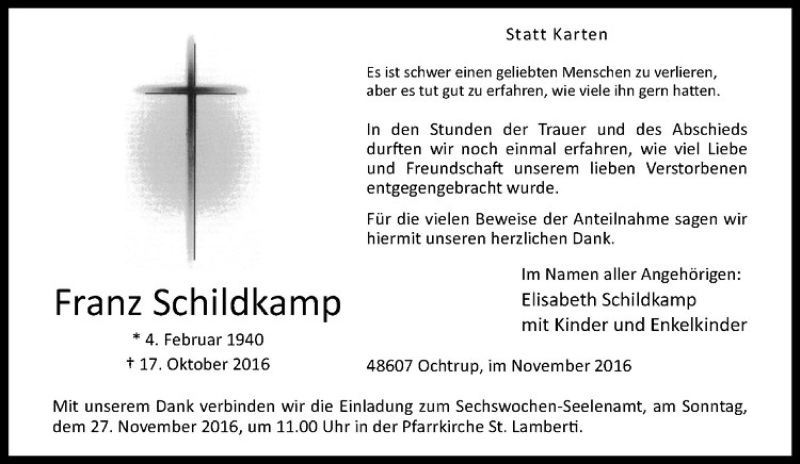  Traueranzeige für Franz Schildkamp vom 24.11.2016 aus Westfälische Nachrichten