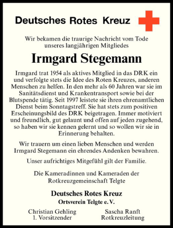 Anzeige von Irmgard Stegemann von Westfälische Nachrichten