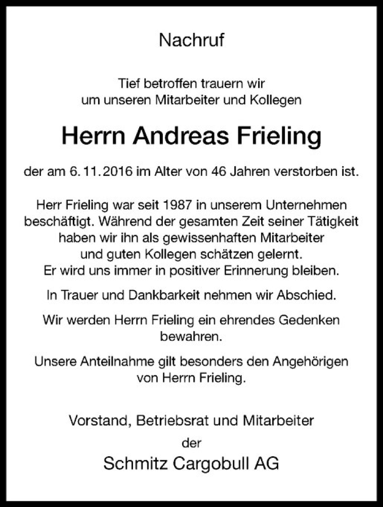  Traueranzeige für Andreas Frieling vom 11.11.2016 aus Westfälische Nachrichten