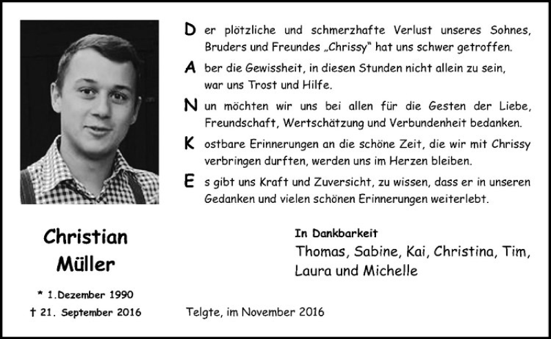  Traueranzeige für Christian Müller vom 05.11.2016 aus Westfälische Nachrichten