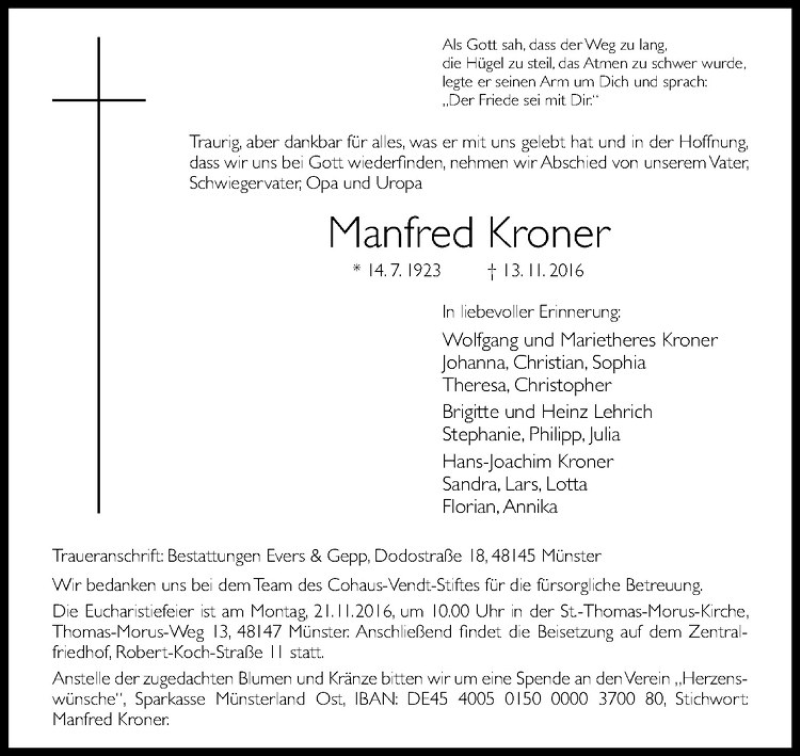  Traueranzeige für Manfred Kroner vom 16.11.2016 aus Westfälische Nachrichten
