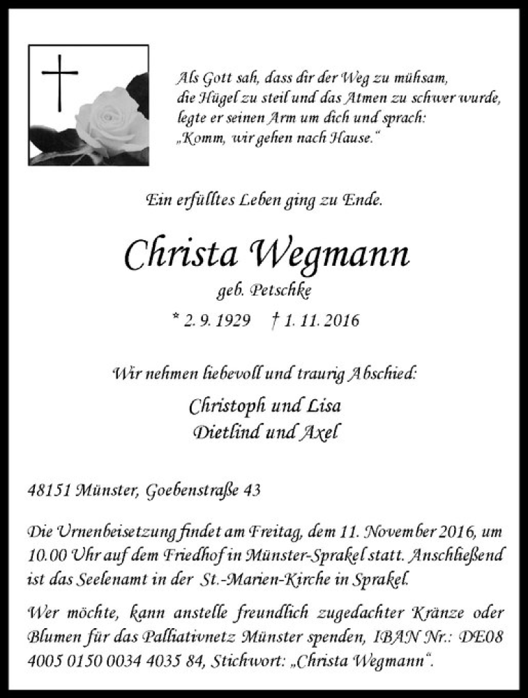  Traueranzeige für Christa Wegmann vom 05.11.2016 aus Westfälische Nachrichten