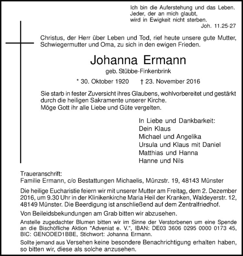  Traueranzeige für Johanna Ermann vom 26.11.2016 aus Westfälische Nachrichten