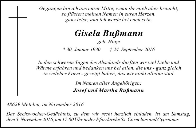  Traueranzeige für Gisela Bußmann vom 03.11.2016 aus Westfälische Nachrichten