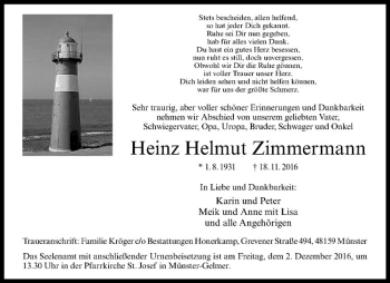 Anzeige von Heinz Helmut Zimmermann von Westfälische Nachrichten