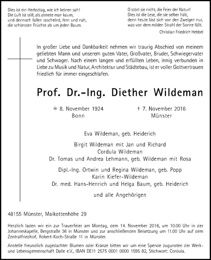  Traueranzeige für Diether Wildeman vom 09.11.2016 aus Westfälische Nachrichten