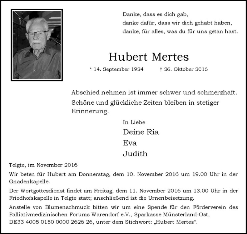  Traueranzeige für Hubert Mertes vom 05.11.2016 aus Westfälische Nachrichten