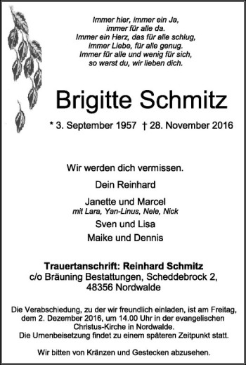 Anzeige von Brigitte Schmitz von Westfälische Nachrichten