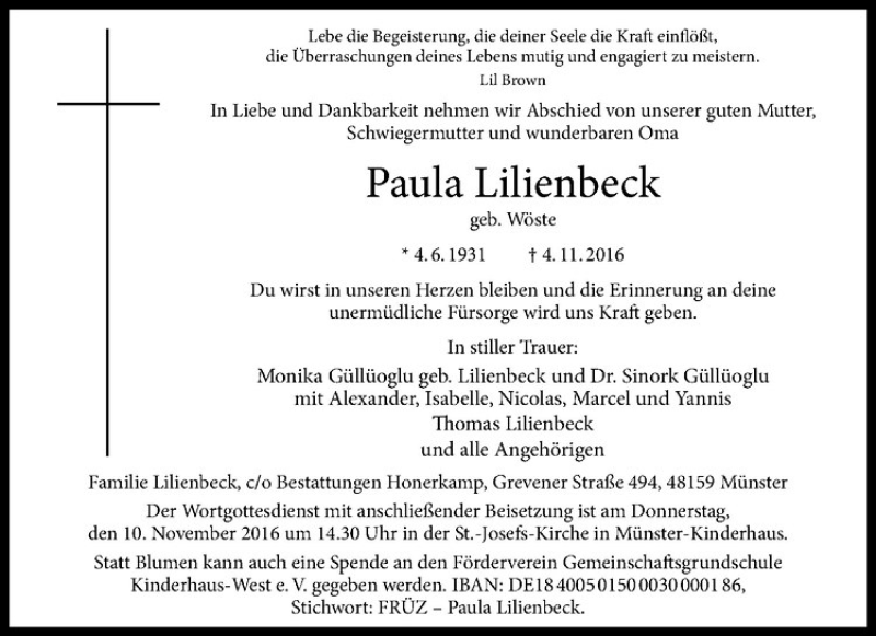  Traueranzeige für Paula Lilienbeck vom 08.11.2016 aus Westfälische Nachrichten