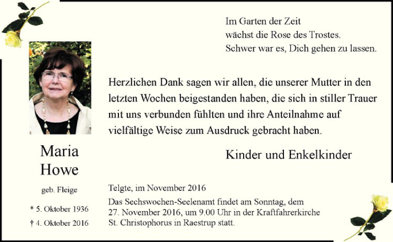  Traueranzeige für Maria Howe vom 19.11.2016 aus Westfälische Nachrichten