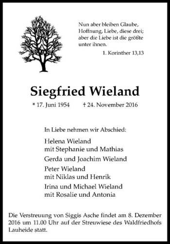 Anzeige von Siegfried Wieland von Westfälische Nachrichten
