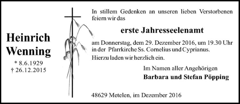 Traueranzeige für Heinrich Wenning vom 27.12.2016 aus Westfälische Nachrichten