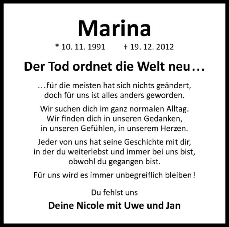  Traueranzeige für Marina Janotta vom 19.12.2016 aus Westfälische Nachrichten