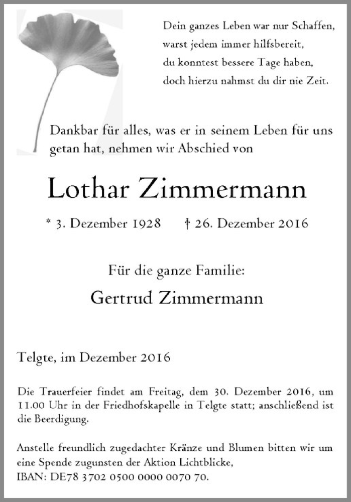  Traueranzeige für Lothar Zimmermann vom 29.12.2016 aus Westfälische Nachrichten
