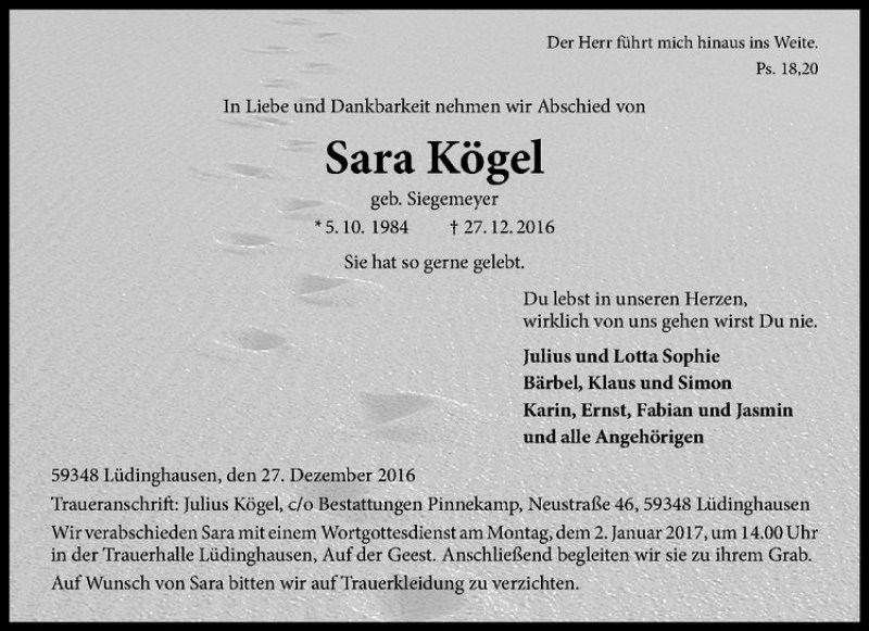  Traueranzeige für Sara Kögel vom 30.12.2016 aus Westfälische Nachrichten