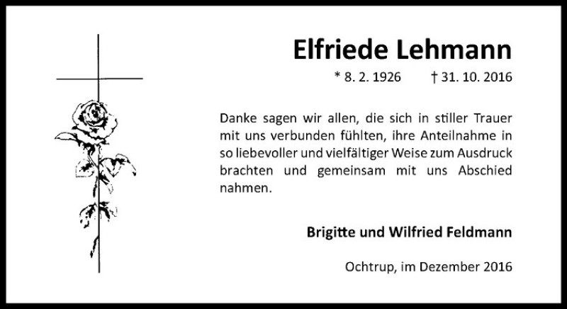  Traueranzeige für Elfriede Lehmann vom 14.12.2016 aus Westfälische Nachrichten