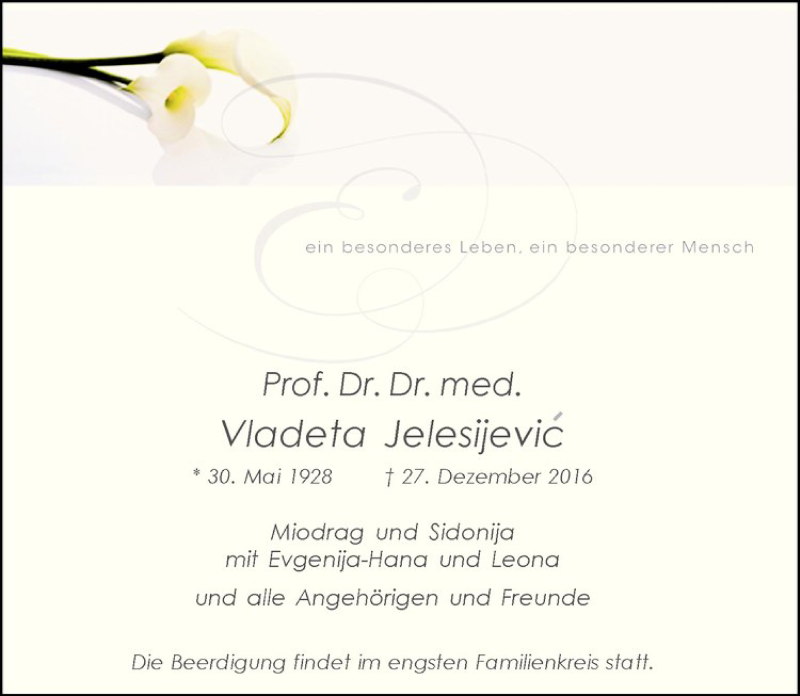  Traueranzeige für Vladeta Jelesijevic vom 31.12.2016 aus Westfälische Nachrichten