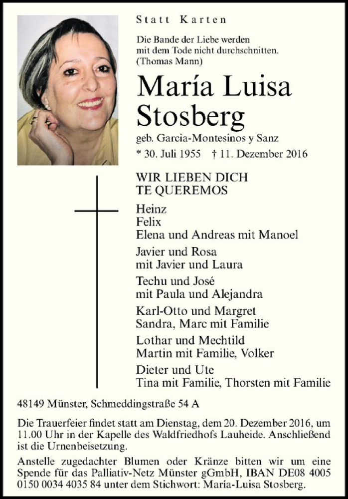  Traueranzeige für María Luisa Stosberg vom 17.12.2016 aus Westfälische Nachrichten