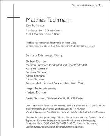 Anzeige von Matthias Tuchmann von Westfälische Nachrichten