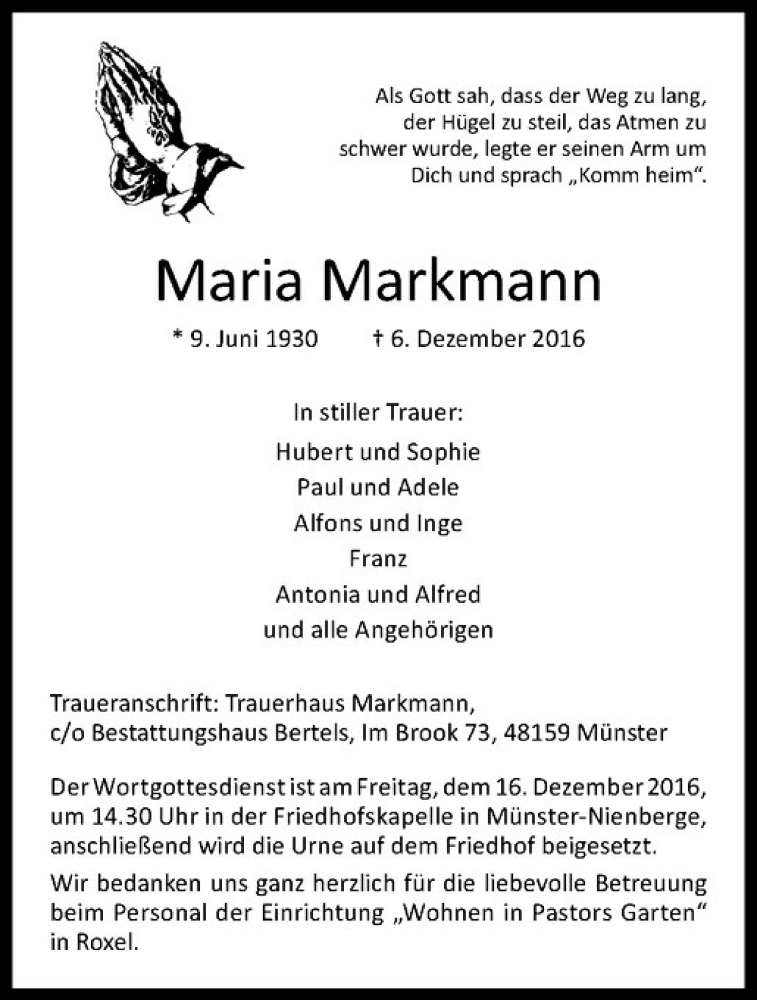  Traueranzeige für Maria Markmann vom 10.12.2016 aus Westfälische Nachrichten