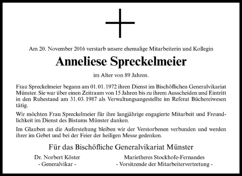  Traueranzeige für Anneliese Spreckelmeier vom 03.12.2016 aus Westfälische Nachrichten