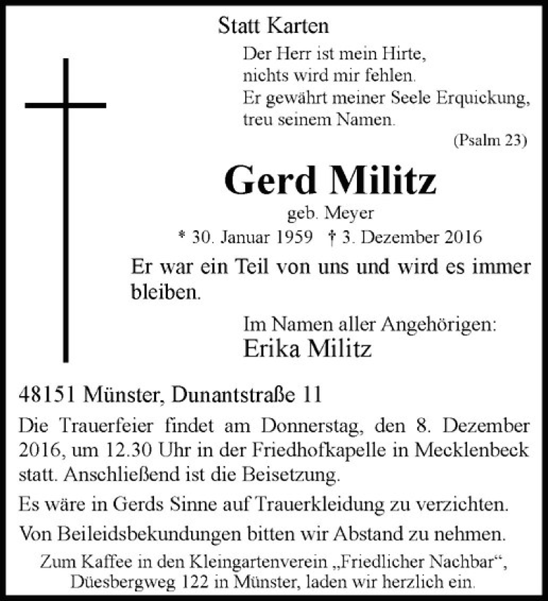  Traueranzeige für Gerd Militz vom 06.12.2016 aus Westfälische Nachrichten
