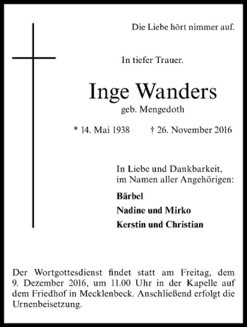 Anzeige von Inge Wanders von Westfälische Nachrichten