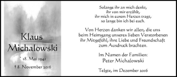 Anzeige von Klaus Michalowski von Westfälische Nachrichten