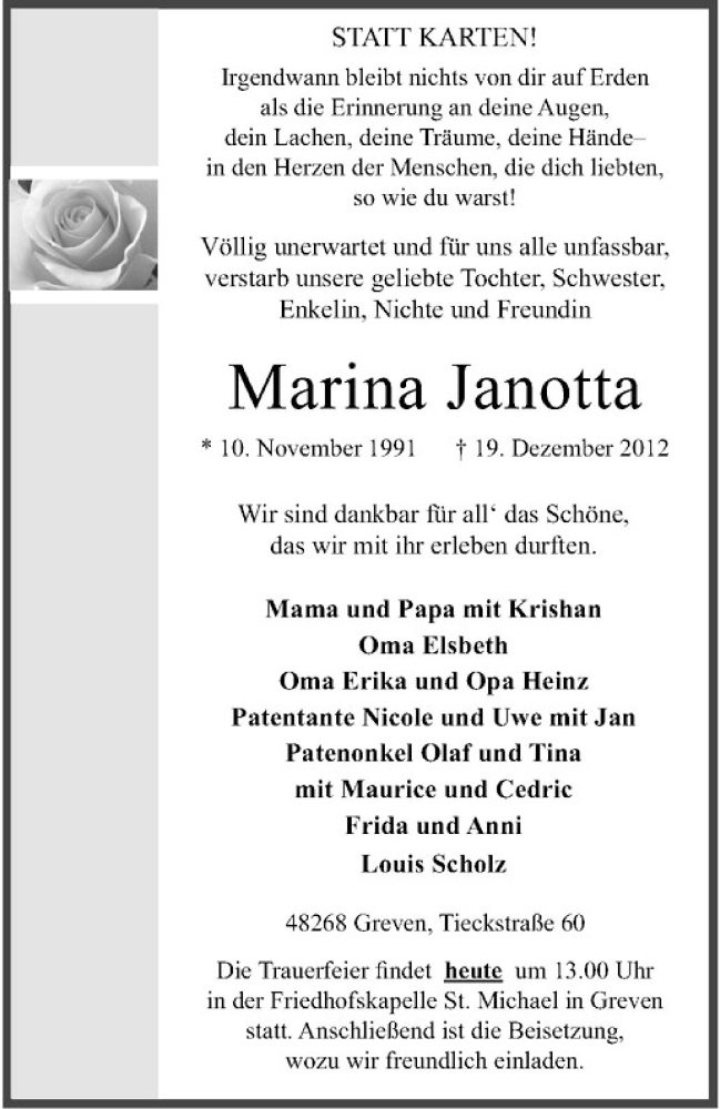  Traueranzeige für Marina Janotta vom 21.12.2012 aus Westfälische Nachrichten