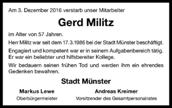 Anzeige von Gerd Militz von Westfälische Nachrichten