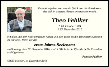 Anzeige von Theo Fehlker von Westfälische Nachrichten