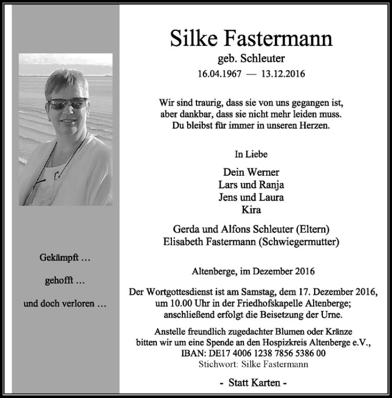  Traueranzeige für Silke Fastermann vom 14.12.2016 aus Westfälische Nachrichten