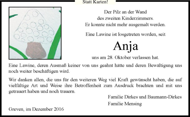  Traueranzeige für Anja Mensing vom 10.12.2016 aus Westfälische Nachrichten