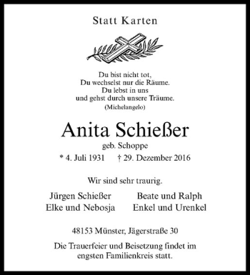 Anzeige von Anita Schießer von Westfälische Nachrichten