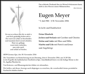 Anzeige von Eugen Meyer von Westfälische Nachrichten
