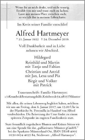 Anzeige von Alfred Hartmeyer von Westfälische Nachrichten