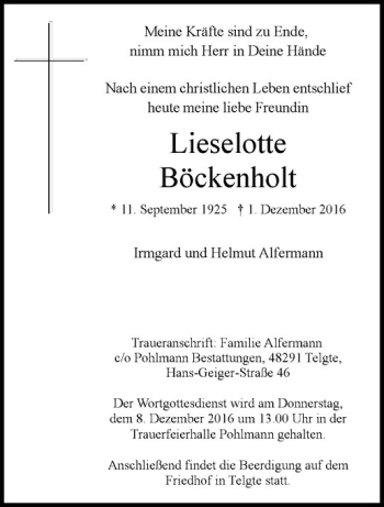 Anzeige von Lieselotte Böckenholt von Westfälische Nachrichten