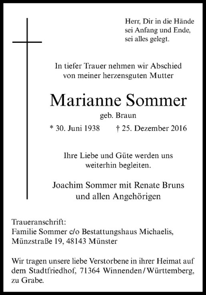  Traueranzeige für Marianne Sommer vom 31.12.2016 aus Westfälische Nachrichten