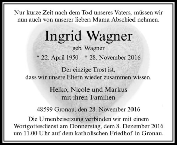 Anzeige von Ingrid Wagner von Westfälische Nachrichten